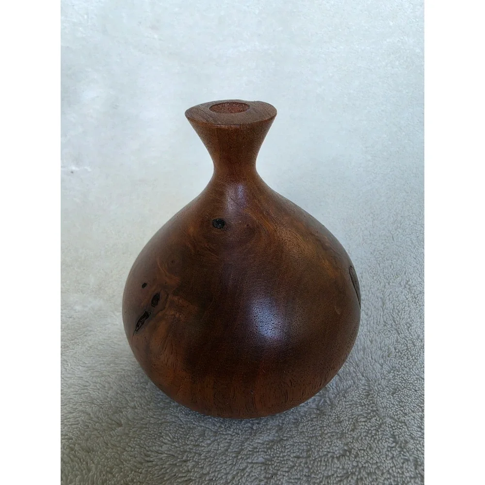 Vintage Hand Turned Solid Wood Weed Vase Teardrop Bud Vase Natural Grain Decor